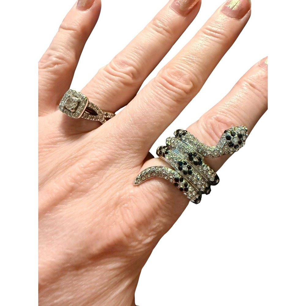 By Gennaro Coiled Snake Statement Wrap Ring Black Clear Silver Tone Rhinestone 8